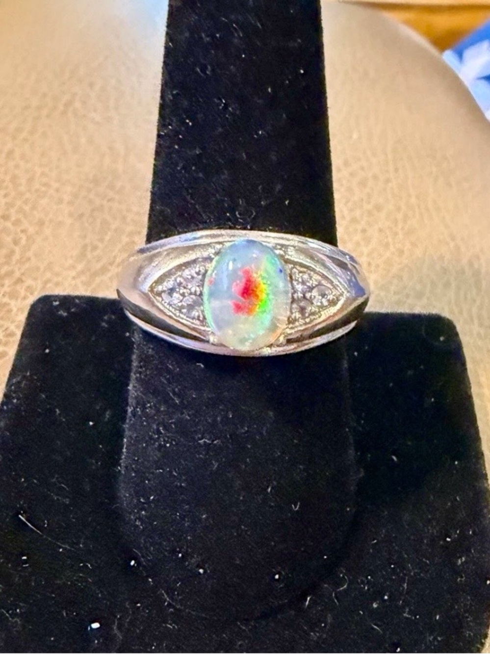 Men’s Sterling Silver Opal Oval Ring with Multicolor Flame Effect